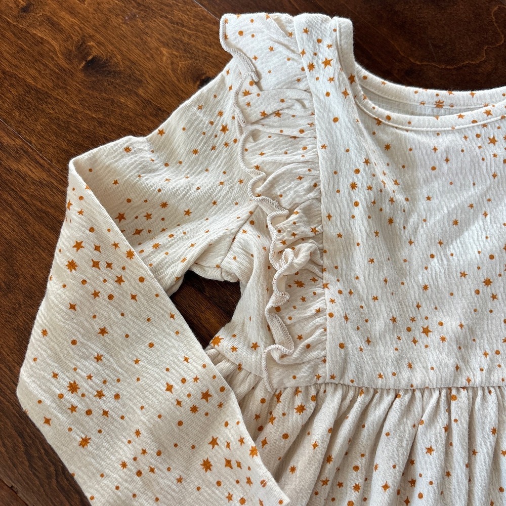 Cat and Jack Girls 2T Dress Long Sleeve Ruffle Star Gold Cream NEW - Picture 4 of 6